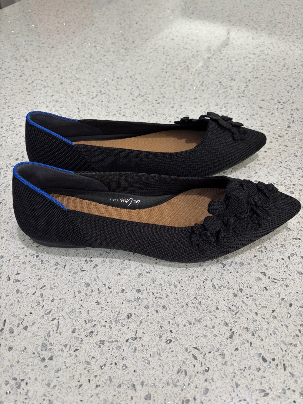 Rothy's Black Pointed Knit Floral-Embellished Flats with Blue Trim - Picture 2 of 6